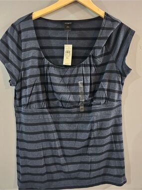 Ann Taylor Navy and Dark Blue Striped Short-Sleeve Top